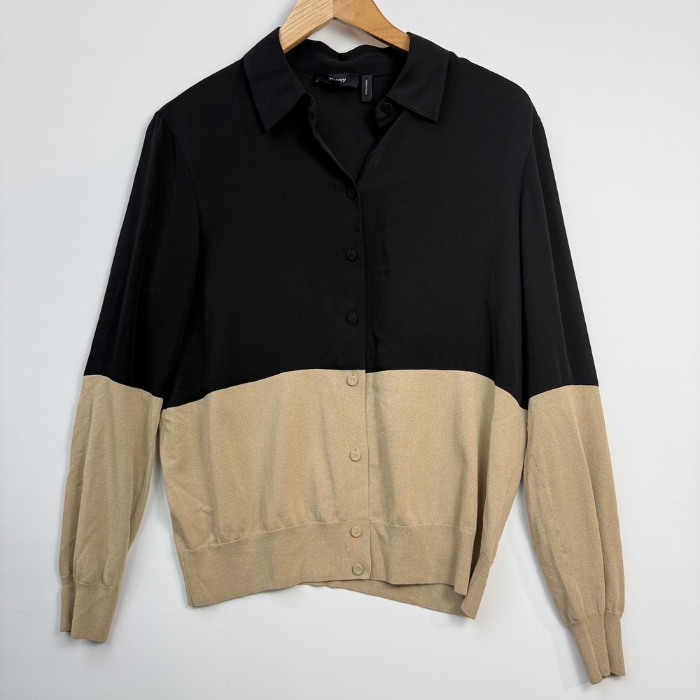 Theory Combo Collared Cardigan‎ Women M Black Tan Silk Colorblock Excellent